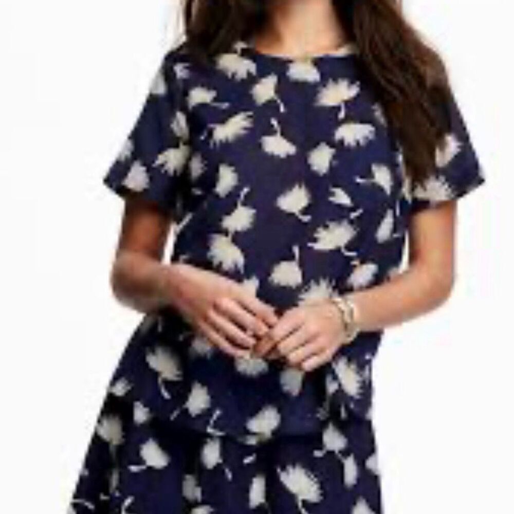 Old navy navy printed linen blend swing blouse M